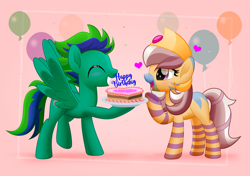 Size: 800x562 | Tagged: safe, artist:jhayarr23, imported from derpibooru, oc, oc only, oc:cygnus, oc:gale twister, cresselia, pegasus, pony, zebra, balloon, birthday, birthday cake, cake, crown, cygale, female, food, jewelry, male, oc x oc, pokémon, regalia, shipping, straight, zebra oc