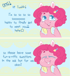 Size: 646x700 | Tagged: safe, artist:ask-pinkie-polkadot-pie, imported from derpibooru, pinkie pie, pony, tumblr:ask-pinkie-polkadot-pie, alternate hairstyle, colored hooves, female, solo, younger