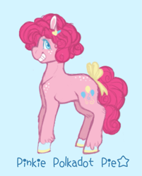 Size: 681x849 | Tagged: safe, artist:ask-pinkie-polkadot-pie, imported from derpibooru, pinkie pie, pony, tumblr:ask-pinkie-polkadot-pie, alternate hairstyle, blue background, bow, colored hooves, female, simple background, solo, tail bow, younger