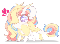 Size: 2394x1774 | Tagged: safe, artist:alyachan, imported from derpibooru, oc, oc:rainbow dreams, pegasus, bow, chest fluff, chibi, cute, female, hair over one eye, heart, horn, leonine tail, ribbon, simple background, transparent background, ych result