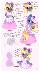 Size: 600x1058 | Tagged: safe, artist:ipun, imported from derpibooru, oc, oc only, oc:azure/sapphire, anthro, unguligrade anthro, unicorn, anthro oc, arm hooves, blushing, bow, clothes, crossdressing, cupcake, curtsey, deviantart watermark, dialogue, dress, femboy, food, friendship cafe, hair bow, heart, maid, maid cafe, male, obtrusive watermark, solo, stallion, watermark, wig