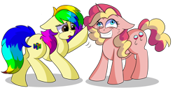 Size: 1280x649 | Tagged: safe, artist:rainbowtashie, imported from derpibooru, pinkie pie, sunset shimmer, oc, oc:rainbow tashie, oc:sunbutter cookies, earth pony, pony, unicorn, commissioner:bigonionbean, concerned, crazy face, cutie mark, faic, female, fusion, fusion:pinkie pie, fusion:sunbutter cookies, fusion:sunset shimmer, mare, mental breakdown, nintendo 64, panic, simple background, transparent background, troubled, writer:bigonionbean