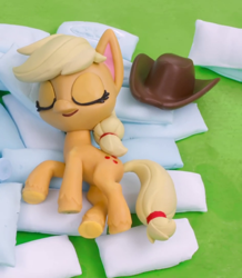 Size: 942x1078 | Tagged: safe, imported from derpibooru, screencap, applejack, earth pony, pony, my little pony: pony life, my little pony: stop motion short, pillow fight (short), applejack's hat, cowboy hat, cropped, female, g4.5, hat, mare, pillow, sleeping, solo, stop motion