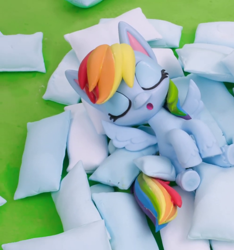 Size: 992x1061 | Tagged: safe, imported from derpibooru, screencap, rainbow dash, pegasus, pony, my little pony: pony life, my little pony: stop motion short, pillow fight (short), cropped, female, g4.5, mare, pillow, sleeping, solo, stop motion