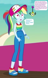 Size: 576x936 | Tagged: safe, edit, edited screencap, editor:thomasfan45, imported from derpibooru, screencap, rainbow dash, human, equestria girls, spring breakdown, 1000 hours in ms paint, bare arms, blank expression, clothes, cropped, cruise ship, deck, description is relevant, feet, female, geode of super speed, geode of telekinesis, hat, hypno eyes, hypnosis, hypnotized, implied sci-twi, levitation, magic, magical geodes, mind control, mistress, offscreen character, open mouth, pants, pendulum swing, pocket watch, ponytail, punishment, sandals, servant, solo, speech bubble, story included, sun hat, tanktop, telekinesis