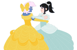 Size: 1024x676 | Tagged: safe, artist:verumteednp, deleted from derpibooru, imported from derpibooru, oc, oc:azure/sapphire, oc:zaria deibele, equestria girls, beauty and the beast, belle, cinderella, crossdressing, dancing, equestria girls-ified, gowns, princess dresses, simple background, transparent background, yellow dress