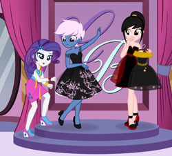 Size: 1962x1771 | Tagged: safe, artist:nstone53, imported from derpibooru, rarity, oc, oc:azure/sapphire, oc:zaria deibele, equestria girls, black dress, clothes, crossdressing, dress, dressup, equestria girls-ified, female, femboy, high heels, little black dress, male, shoes