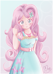 Size: 600x839 | Tagged: safe, artist:maaimyuu, imported from derpibooru, kotobukiya, fluttershy, human, blushing, cute, daaaaaaaaaaaw, dawwww, female, flutterchan, fluttershy boho dress, geode of fauna, gradient background, hnnng, humanized, kotobukiya fluttershy, looking at you, maaimyuu is trying to murder us, magical geodes, moe, shyabetes, solo