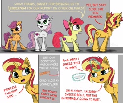 Size: 1600x1336 | Tagged: safe, artist:chopsticks, imported from derpibooru, apple bloom, scootaloo, sunset shimmer, sweetie belle, earth pony, pegasus, pony, unicorn, equestria girls, cheek fluff, comic, contact lens, cutie mark crusaders, dialogue, diverse body types, ear fluff, elf ears, equestria girls ponified, female, filly, funny, hoof fluff, levitation, magic, mare, open mouth, ponified, simple background, telekinesis, text, this will end in pain, this will end in tears