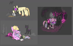 Size: 1789x1145 | Tagged: safe, artist:carnifex, imported from derpibooru, oc, oc only, oc:strap, oc:velvet, changeling, pony, unicorn, changeling oc, cloth, clothes, cocoon, dress, fangs, flying, glowing eyes, gray background, horn, miasma hive, mind control, mouth hold, purple changeling, simple background, starving, torn clothes, unicorn oc