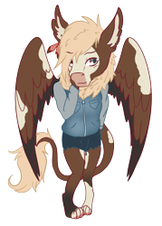 Size: 1609x2242 | Tagged: safe, artist:coffeevixxen, imported from derpibooru, oc, oc only, oc:gilded feather, anthro, digitigrade anthro, griffon, hybrid, clothes, male, simple background, solo, transparent background