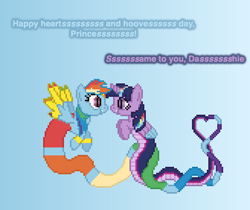 Size: 504x423 | Tagged: safe, artist:verve, imported from derpibooru, rainbow dash, twilight sparkle, alicorn, genie, lamia, original species, pegasus, ain't never had friends like us, female, geniefied, gradient background, heart, hearts and hooves day, lamiafied, lesbian, looking at each other, pixel art, shipping, smiling, species swap, twidash, twilamia, twilight sparkle (alicorn)