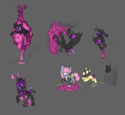 Size: 1765x1617 | Tagged: safe, artist:carnifex, imported from derpibooru, oc, oc:strap, oc:velvet, changeling, goo, pony, unicorn, armor, changeling oc, changeling slime, cocoon, female, flying, gray background, helmet, hiding, male, mare, miasma hive, purple changeling, raised hoof, riding, simple background, stallion, stuck