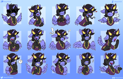 Size: 3508x2278 | Tagged: safe, artist:amaichix, imported from derpibooru, oc, oc:lightning eggstrike, alicorn, angry, blushing, clothes, costume, expressions, glasses, male, paws, shadowbolts, shadowbolts costume, stallion, sticker, sticker set, telegram, telegram sticker, tongue out, wings