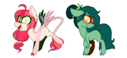 Size: 3250x1500 | Tagged: safe, artist:mcwolfity, imported from derpibooru, oc, oc only, earth pony, pegasus, pony, colored hooves, duo, earth pony oc, female, freckles, glasses, hair wrap, leonine tail, mare, open mouth, pegasus oc, raised hoof, simple background, transparent background, wings