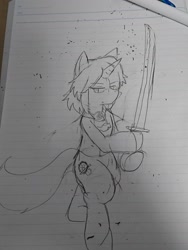 Size: 1080x1440 | Tagged: safe, artist:omegapony16, imported from derpibooru, oc, oc only, pony, unicorn, bipedal, horn, irl, katana, lineart, lined paper, pencil, photo, solo, sword, traditional art, unicorn oc, weapon