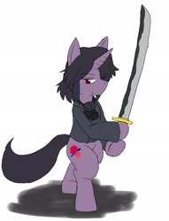 Size: 1562x2048 | Tagged: safe, alternate version, artist:omegapony16, imported from derpibooru, oc, oc only, oc:oriponi, pony, bipedal, clothes, colored, hoof hold, katana, simple background, solo, sword, weapon, white background