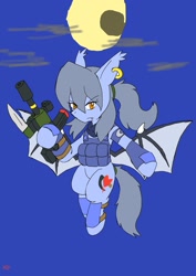 Size: 1451x2048 | Tagged: safe, artist:omegapony16, imported from derpibooru, oc, oc only, oc:mirror, oc:oriponi, bat pony, pony, armor, bat pony oc, clothes, ear piercing, earring, female, flying, full moon, gun, hoof hold, jewelry, mare, moon, piercing, scarf, solo, spread wings, vest, weapon, wings