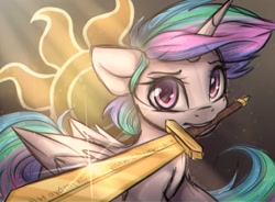 Size: 1360x1000 | Tagged: safe, artist:radioaxi, artist:reterica, imported from derpibooru, princess celestia, alicorn, pony, alternate hairstyle, armor, crepuscular rays, cutie mark, fantasy class, female, greek, knight, looking at you, mare, mouth hold, sketchy, solo, sword, warrior, warrior celestia, weapon