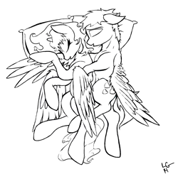 Size: 1880x1840 | Tagged: safe, artist:lucas_gaxiola, imported from derpibooru, oc, oc only, oc:usagi, alicorn, pegasus, pony, alicorn oc, female, horn, lineart, male, mare, monochrome, pegasus oc, pillow, signature, sleeping, stallion, wings