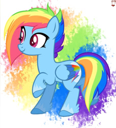 Size: 987x1080 | Tagged: artist needed, source needed, safe, artist:whiteplumage白羽, imported from derpibooru, rainbow dash, pegasus, pony, leak, spoiler:g5, colored wings, female, g5, g5 concept leak style, g5 concept leaks, hooves, mare, multicolored wings, rainbow dash (g5 concept leak), rainbow dash (g5), rainbow wings, raised hoof, redesign, simple background, smiling, solo, wings