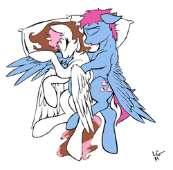 Size: 1876x1840 | Tagged: safe, alternate version, artist:lucas_gaxiola, imported from derpibooru, oc, oc only, oc:usagi, alicorn, pegasus, pony, alicorn oc, colored, female, horn, male, mare, pegasus oc, pillow, signature, sleeping, stallion, wings