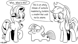 Size: 1200x675 | Tagged: safe, artist:pony-berserker, imported from derpibooru, applejack, rarity, twilight sparkle, earth pony, unicorn, black and white, cowboy hat, female, grayscale, hat, lineart, mare, monochrome, pony-berserker's twitter sketches, signature, simple background, speech bubble, squatpony, trio, twiggie, unicorn twilight, white background