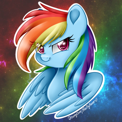 Size: 1000x1000 | Tagged: safe, artist:dreamyeevee, imported from derpibooru, rainbow dash, pegasus, pony, badass, bust, cute, dashabetes, eye clipping through hair, female, mare, outline, solo, wings