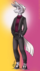 Size: 682x1200 | Tagged: safe, artist:kaemantis, imported from derpibooru, zesty gourmand, anthro, unguligrade anthro, unicorn, clothes, commission, female, hand in pocket, hands in pockets, pants, shoes, signature, solo, suit