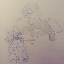 Size: 2340x2340 | Tagged: safe, artist:shpace, imported from derpibooru, oc, oc:cipher, oc:paradise skies, earth pony, pegasus, pony, bow, hair bow, hair over one eye, monochrome, traditional art