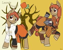 Size: 1280x1024 | Tagged: safe, artist:housho, imported from derpibooru, earth pony, pony, bracelet, clothes, female, fire emblem, fire emblem: three houses, jewelry, leonie pinelli, mare, ponified, quiver, raised hoof, shield, torn ear