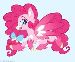 Size: 979x816 | Tagged: safe, artist:dreamyeevee, imported from derpibooru, pinkie pie, pegasus, pony, leak, spoiler:g5, bow, female, g5, g5 concept leak style, g5 concept leaks, hooves, mare, pegasus pinkie pie, pinkie pie (g5 concept leak), pinkie pie (g5), race swap, redesign, simple background, solo, spread wings, tongue out, wings