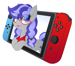 Size: 3557x3122 | Tagged: safe, artist:scarlet-spectrum, imported from derpibooru, oc, oc only, oc:cinnabyte, earth pony, pony, adorkable, bandana, cinnabetes, commission, cute, dork, glasses, looking at you, nintendo switch, simple background, solo, switch, tongue out, transparent background, your character here