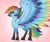 Size: 979x816 | Tagged: safe, artist:dreamyeevee, imported from derpibooru, rainbow dash, pegasus, pony, leak, spoiler:g5, colored wings, female, g5, g5 concept leak style, g5 concept leaks, hooves, mare, multicolored wings, rainbow dash (g5 concept leak), rainbow dash (g5), rainbow wings, redesign, simple background, solo, spread wings, wings