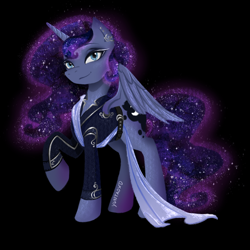 Size: 1024x1024 | Tagged: safe, artist:yuntaoxd, imported from derpibooru, princess luna, alicorn, pony, clothes, ethereal mane, female, galaxy mane, jewelry, mare, raised hoof, simple background, solo