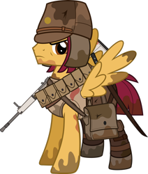 Size: 1280x1509 | Tagged: safe, artist:n0kkun, imported from derpibooru, oc, oc only, oc:shiro tai, pegasus, pony, bag, belt, boots, clothes, dirt, gun, hat, imperial japan, imperial japanese army, katana, male, military, mud, pants, pouch, rifle, saddle bag, shoes, simple background, solo, stallion, sword, tanktop, transparent background, weapon, world war ii