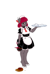 Size: 4500x6600 | Tagged: safe, alternate version, artist:tallaferroxiv, imported from derpibooru, oc, oc:thyme, anthro, unguligrade anthro, background removed, clothes, coffee, coffee cup, cup, maid, simple background, solo, spill, transparent background, tray