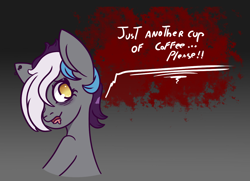 Size: 1176x853 | Tagged: safe, artist:lazerblues, imported from derpibooru, oc, oc only, oc:addie, earth pony, pony, bags under eyes, bust, dialogue, ear piercing, gradient background, looking back, piercing, solo