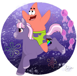 Size: 1985x1965 | Tagged: safe, artist:69beas, imported from derpibooru, oc, oc:pego, jellyfish, pony, unicorn, arms in the air, bubble, clothes, colored hooves, crossover, ear fluff, galloping, happy, male, ocean, open mouth, open smile, patrick star, riding, simple background, smiling, spongebob squarepants, stallion, swimming, transparent background, underwater, water