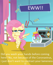 Size: 368x449 | Tagged: safe, edit, imported from derpibooru, fluttershy, pegasus, pony, my little pony: pony life, caption, china, coronavirus, covid-19, female, flutterbitch, g4.5, smug, smugshy, solo, speaking to viewer, talking to viewer