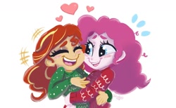 Size: 1368x840 | Tagged: safe, artist:wimsie, imported from derpibooru, pinkie pie, sunset shimmer, human, equestria girls, blushing, clothes, cute, diapinkes, duo, female, holiday, hug, lesbian, shimmerbetes, shipping, sunsetpie, sweater, sweet dreams fuel