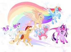 Size: 1024x757 | Tagged: safe, artist:creeate97, imported from derpibooru, applejack, fluttershy, pinkie pie, rainbow dash, rarity, twilight sparkle, alicorn, classical unicorn, earth pony, pegasus, pony, unicorn, alternate design, blaze (coat marking), cloven hooves, coat markings, colored hooves, cowboy hat, facial markings, flying, hat, leonine tail, mane six, socks (coat marking), socks (coat markings), twilight sparkle (alicorn), unshorn fetlocks