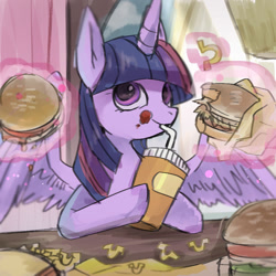 Size: 1000x1000 | Tagged: safe, artist:hosikawa, imported from derpibooru, twilight sparkle, alicorn, pony, adorkable, alicorn metabolism, burger, cute, dork, drink, drinking, eating, fast food, female, food, french fries, hay burger, hay fries, hoof hold, horseshoe fries, japanese, magic, mare, messy eating, sitting, solo, spread wings, straw, telekinesis, this will end in weight gain, twiabetes, twilight burgkle, twilight sparkle (alicorn), wings