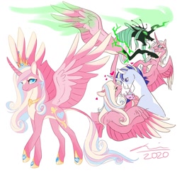 Size: 2000x2000 | Tagged: safe, artist:creeate97, imported from derpibooru, princess cadance, princess flurry heart, queen chrysalis, shining armor, alicorn, changeling, changeling queen, pony, unicorn, alternate design, baby, baby pony, disguise, disguised changeling, fake cadance, female, floating heart, heart, leonine tail, male, shiningcadance, shipping, simple background, straight, white background