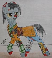 Size: 2682x3024 | Tagged: safe, artist:darthalex70, imported from derpibooru, oc, oc only, oc:silent echo, earth pony, ghoul, pony, undead, fallout equestria, blood, clothes, colored pencil drawing, fallout equestria:all things unequal (pathfinder), gun, solo, traditional art, weapon