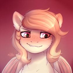 Size: 1200x1200 | Tagged: safe, artist:andyfirelife, artist:fenwaru, imported from derpibooru, oc, oc only, bat pony, pony, bat pony oc, blushing, bust, gradient background, lip bite, signature, solo