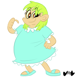 Size: 792x800 | Tagged: safe, artist:mirabuncupcakes15, imported from derpibooru, whoa nelly, human, clothes, dress, fat, feet, female, grin, humanized, sandals, simple background, smiling, solo, white background