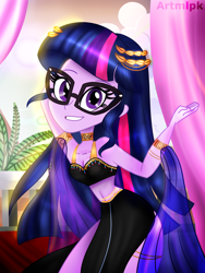 Size: 1800x2400 | Tagged: safe, artist:artmlpk, imported from derpibooru, sci-twi, twilight sparkle, human, equestria girls, adorasexy, adorkable, armlet, beautiful, beautisexy, belly dancer, belly dancer outfit, breasts, choker, cleavage, cleopatra, clothes, costume, crown, curtains, cute, desert, design, dork, dress, egypt, egyptian, eyelashes, female, harem outfit, jewelry, long hair, looking at you, midriff, necklace, outfit, plant, plants, regalia, sexy, smiling, smiling at you, solo, stupid sexy sci-twi, sunset, twiabetes