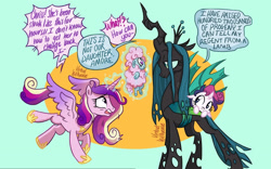 Size: 2160x1350 | Tagged: safe, artist:virtualkidavenue, imported from derpibooru, princess cadance, queen chrysalis, oc, oc:princess canterella, alicorn, changeling, changeling queen, changepony, hybrid, sheep, bad parenting, cadalis, female, filly, interspecies offspring, lesbian, magical lesbian spawn, next generation, offspring, parent:princess cadance, parent:queen chrysalis, parents:cadalis, shipping, tiny ewes