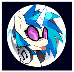 Size: 540x530 | Tagged: safe, artist:kribbles, imported from derpibooru, dj pon-3, vinyl scratch, pony, unicorn, :p, bandaid, bandaid on nose, bust, button, female, glowing horn, headphones, horn, magic, magic aura, mare, portrait, solo, tongue out